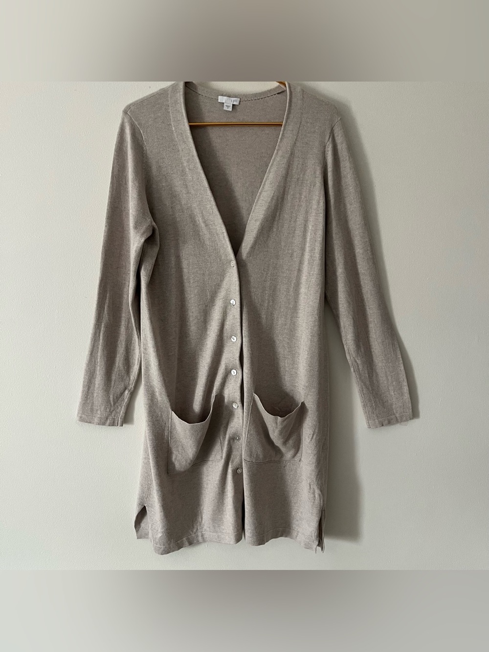 J.Jill Beige Long Line Cardigan Cotton Silk Cashmere Blend Neutral Basic M